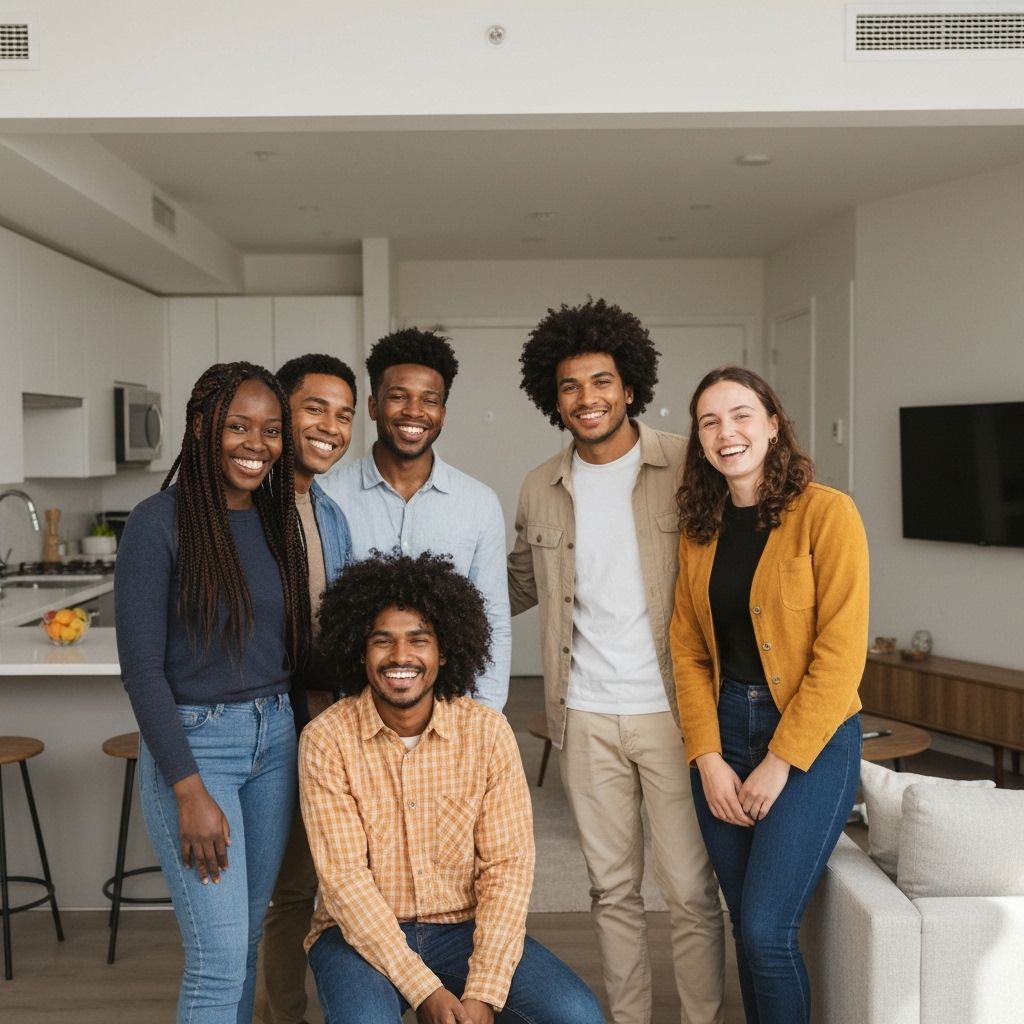Happy international students in their accommodation